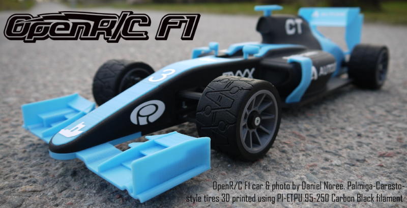 OpenR/C F1 car & photo by Daniel Noree. Palmiga-Caresto- style tires 3D printed using PI-ETPU 95-250 Carbon Black filament 
